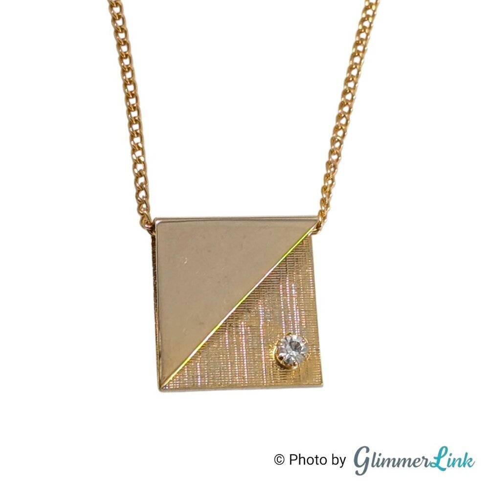 Vintage Gold Tone Geometric Modernist Pendant Necklace Clear Rhinestone